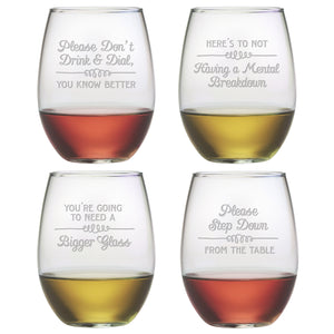 Wine Wisdom- Etched Stemless Wine Glass Set